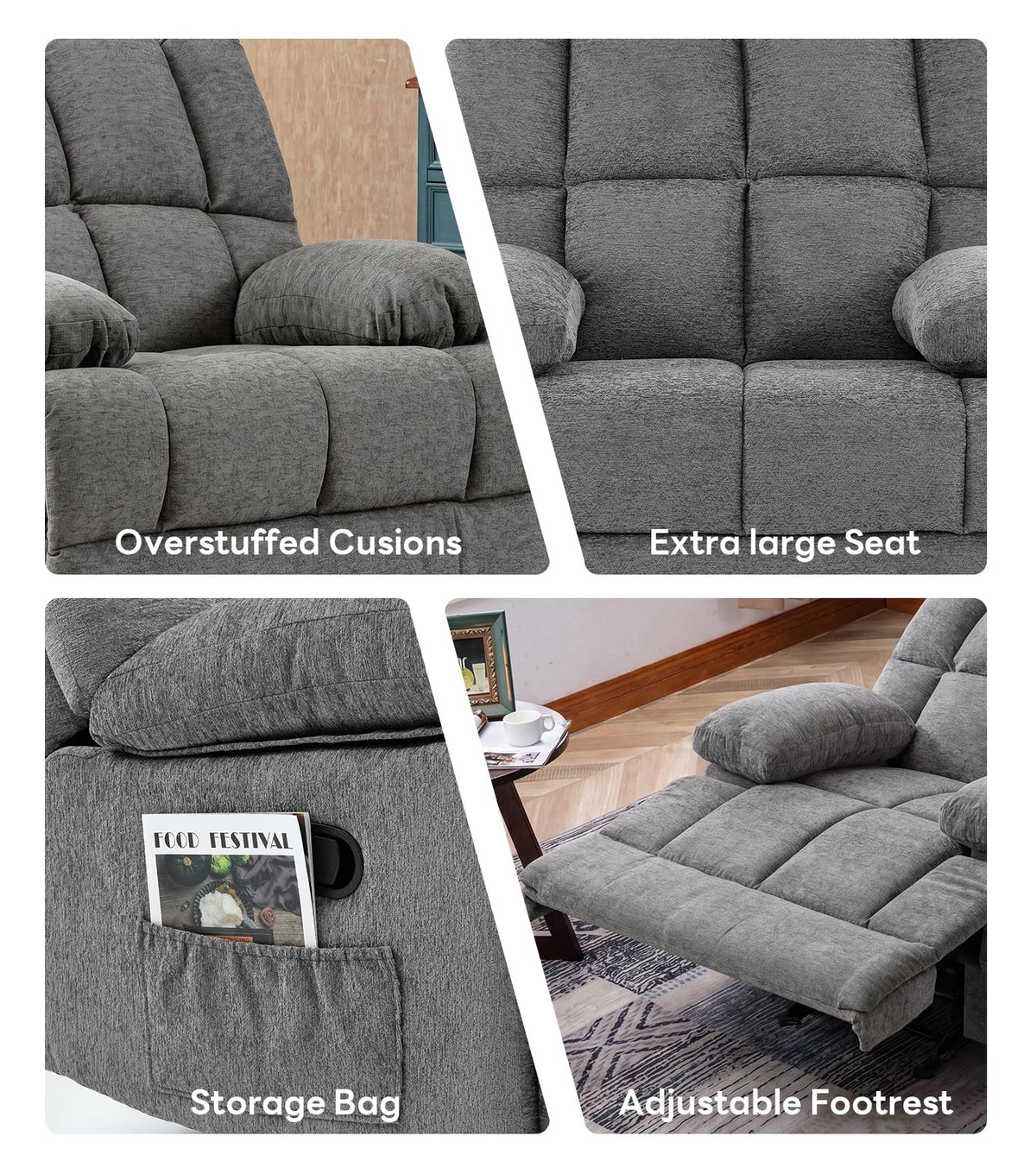 41" Oversized Chenille Rocker Recliner Chair Grey 350 LBS Capacity X2540