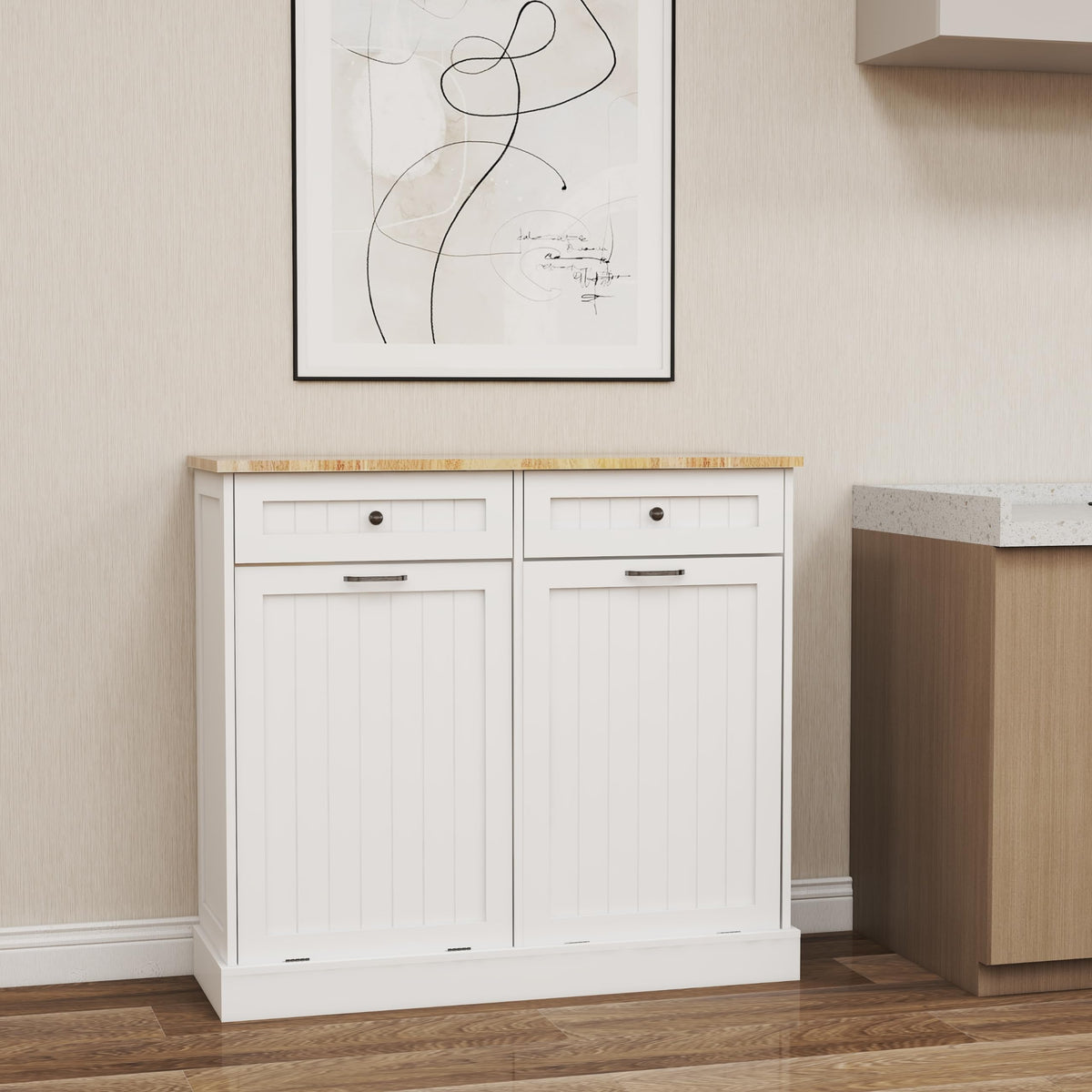 White 20 Gallon Wooden Tilt Out Trash and Recycling Cabinet B304