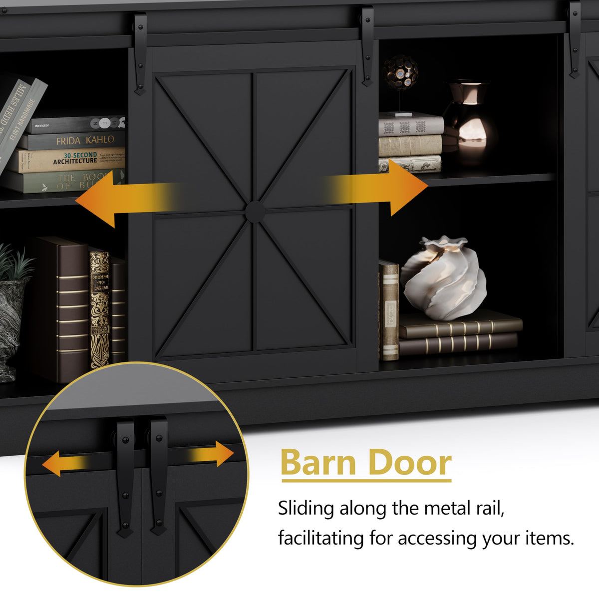 Black Farmhouse TV Stand with Storage Cabinets & Sliding Barn Doors I8036