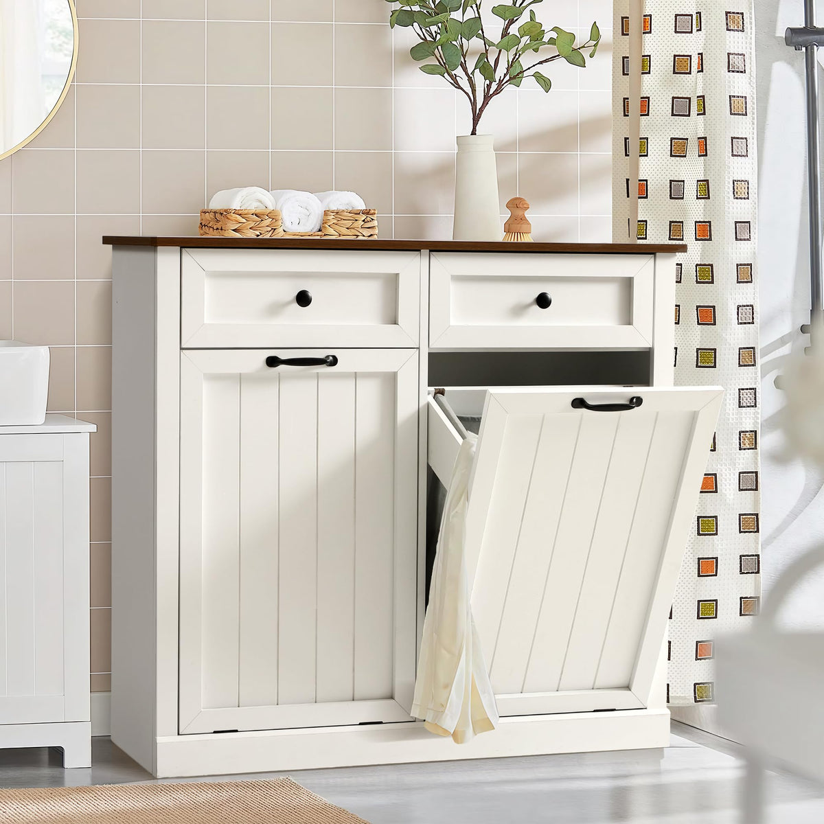 Double Laundry Hamper Cabinet with 2 Drawer N2580