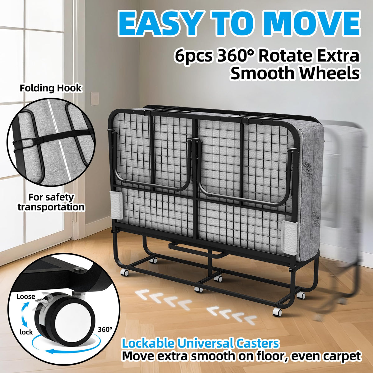 Folding Bed with Mattress Full Size 75 X 54 inch Memory Foam on Wheels Z235739