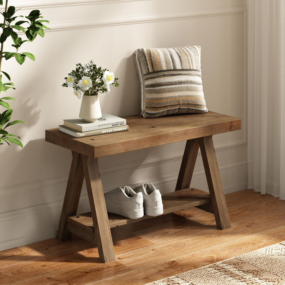 Solid Wood Bench with Shoe Storage T91008