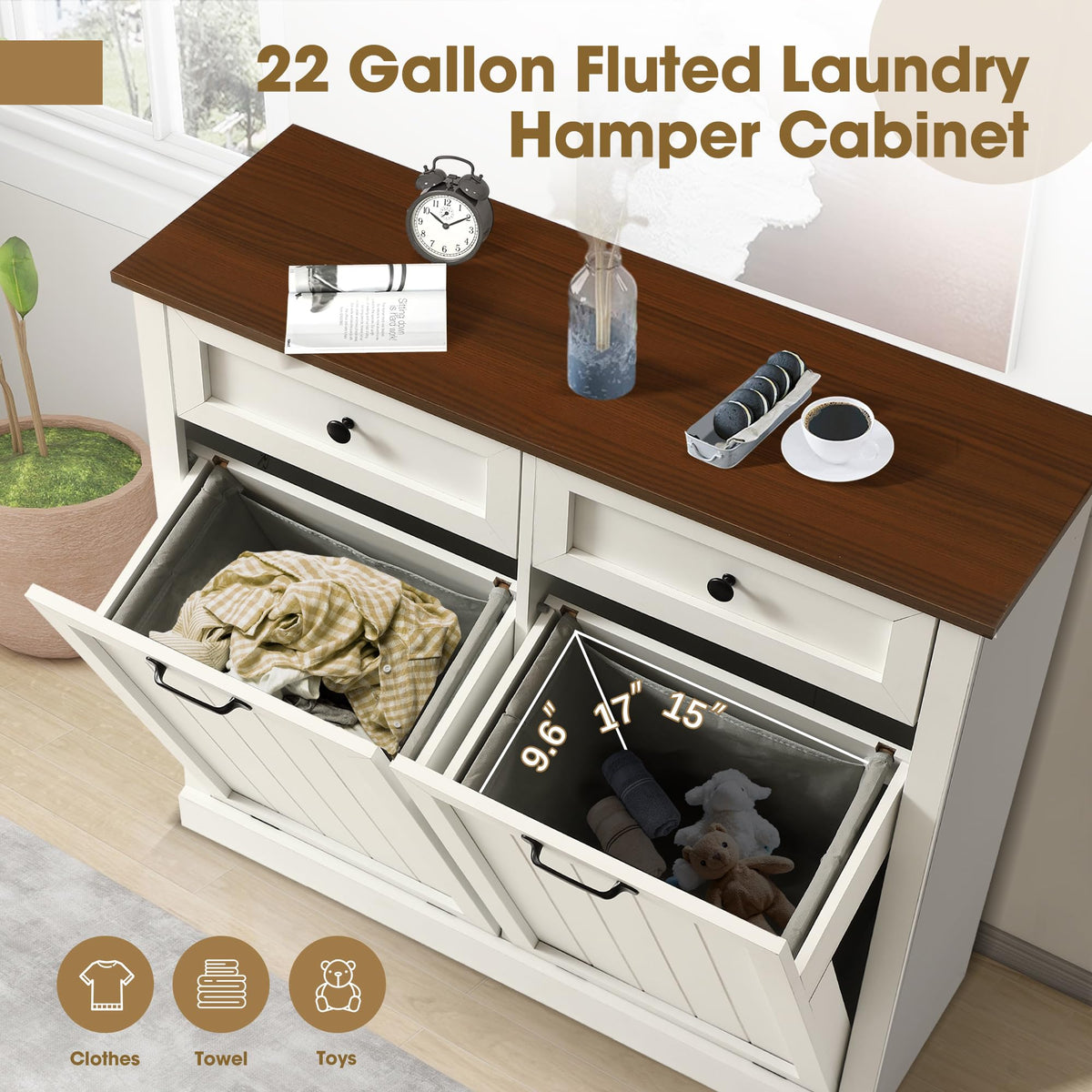Double Laundry Hamper Cabinet with 2 Drawer N2580