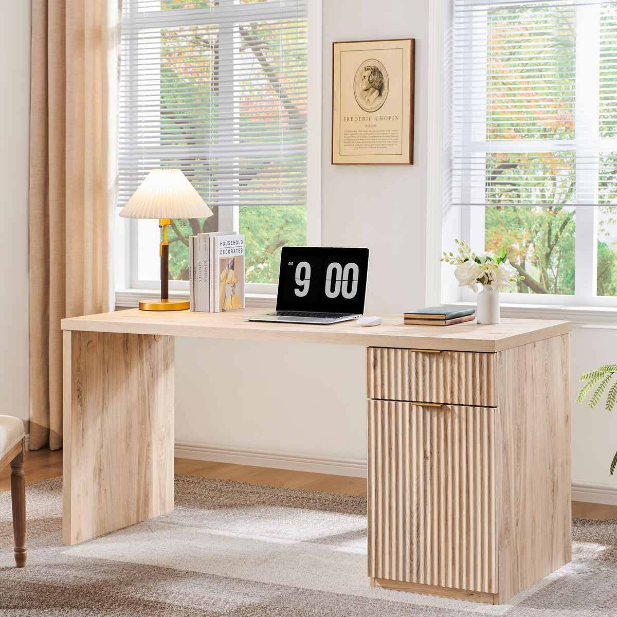 60" Fluted Desk with Cabinet and Built-in Outlet T56882