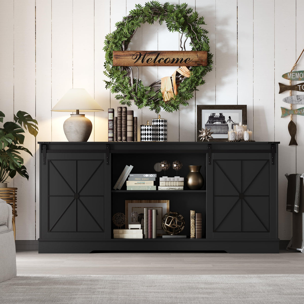 Black Farmhouse TV Stand with Storage Cabinets & Sliding Barn Doors I8036