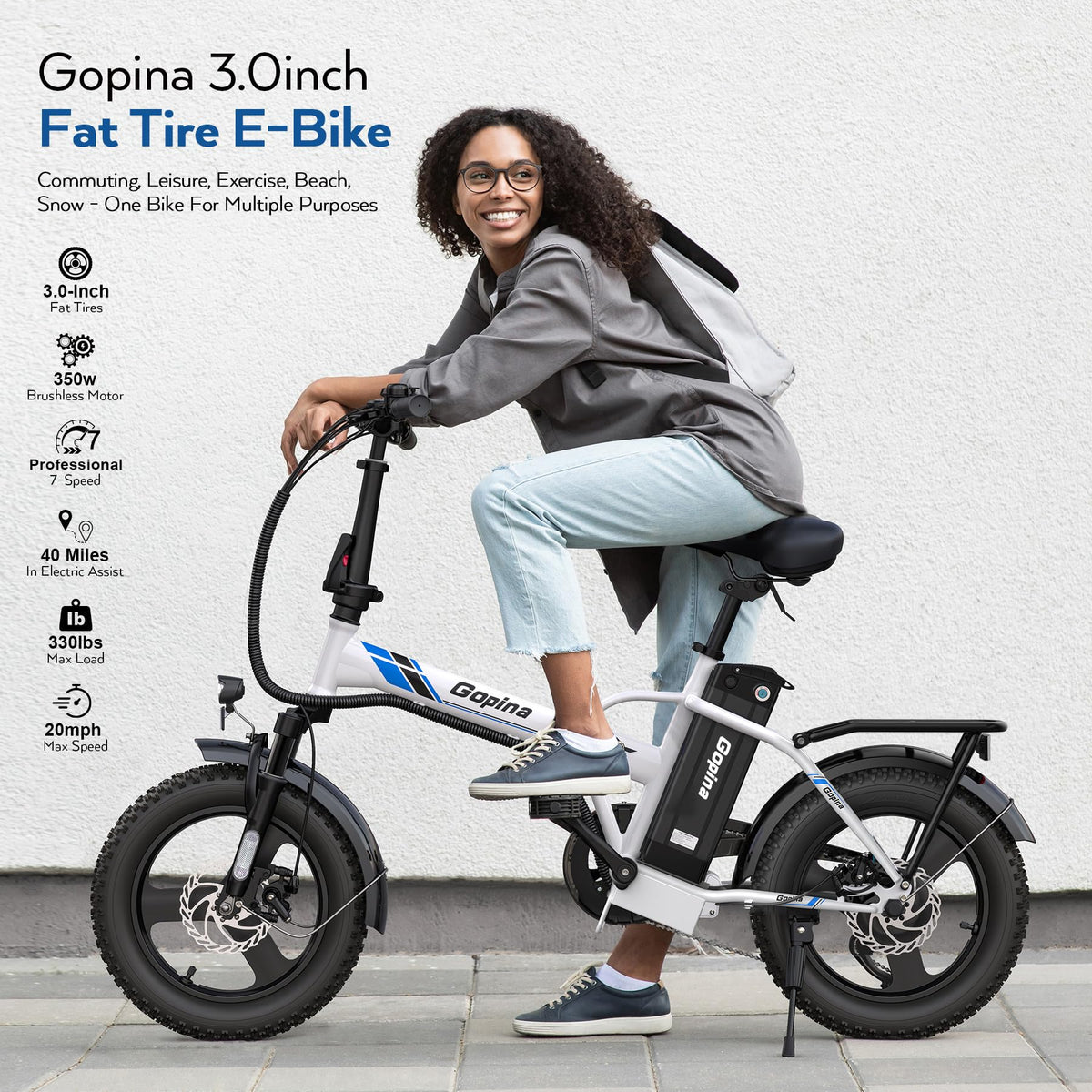 Peak 500W Step Over Electric Bicycle, 16" x 3.0 Fat Tire, 48V Removable Battery, 7 Speed B805989