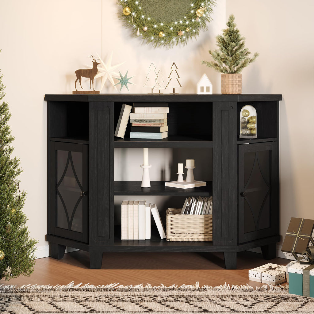Corner TV Stand up to 55 Inch with Storage Wood Media Console Cabinet Satin Black J570