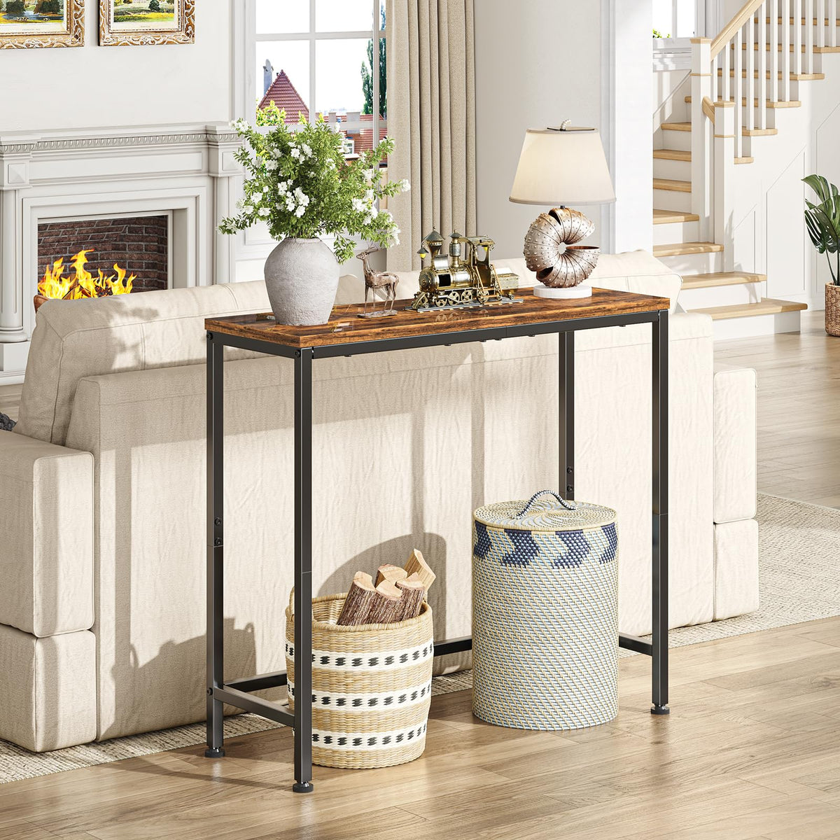 Narrow Side Table, 29.8" Console Table, Rustic Brown N7122