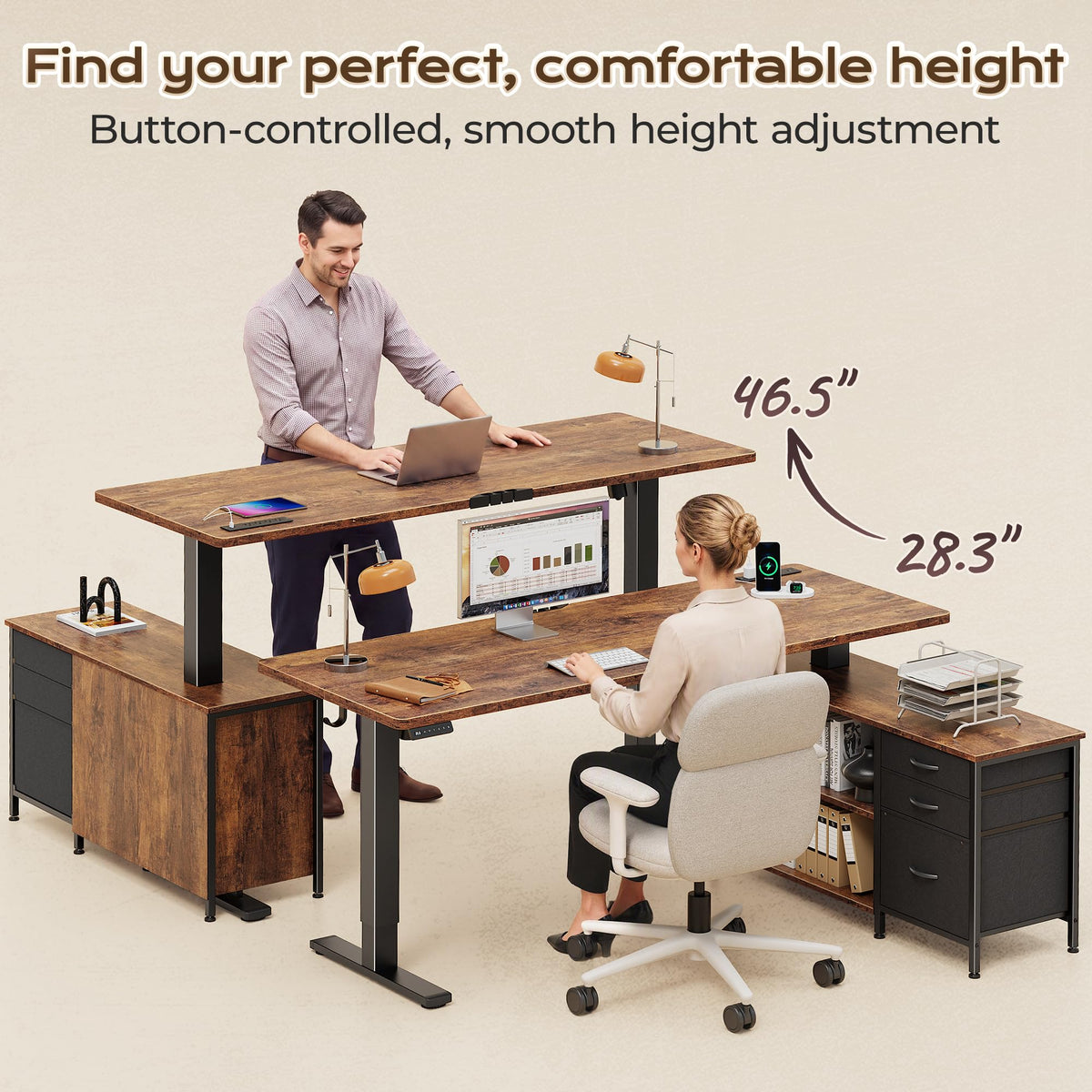 55.1'' L Standing Desk with Outlets, Cabinet, Shelves, Drawers S72045