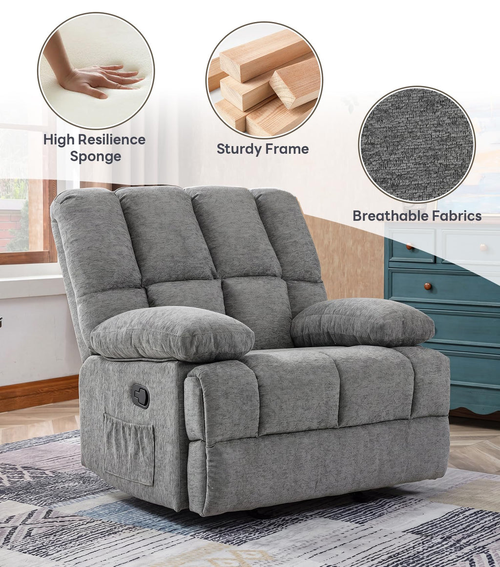 41" Oversized Chenille Rocker Recliner Chair Grey 350 LBS Capacity X2540