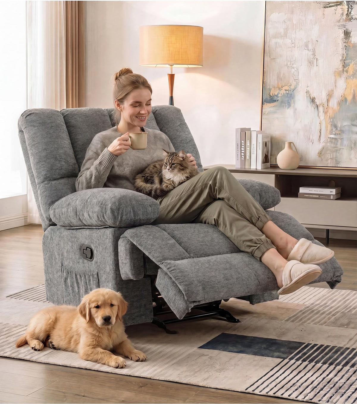 41" Oversized Chenille Rocker Recliner Chair Grey 350 LBS Capacity X2540