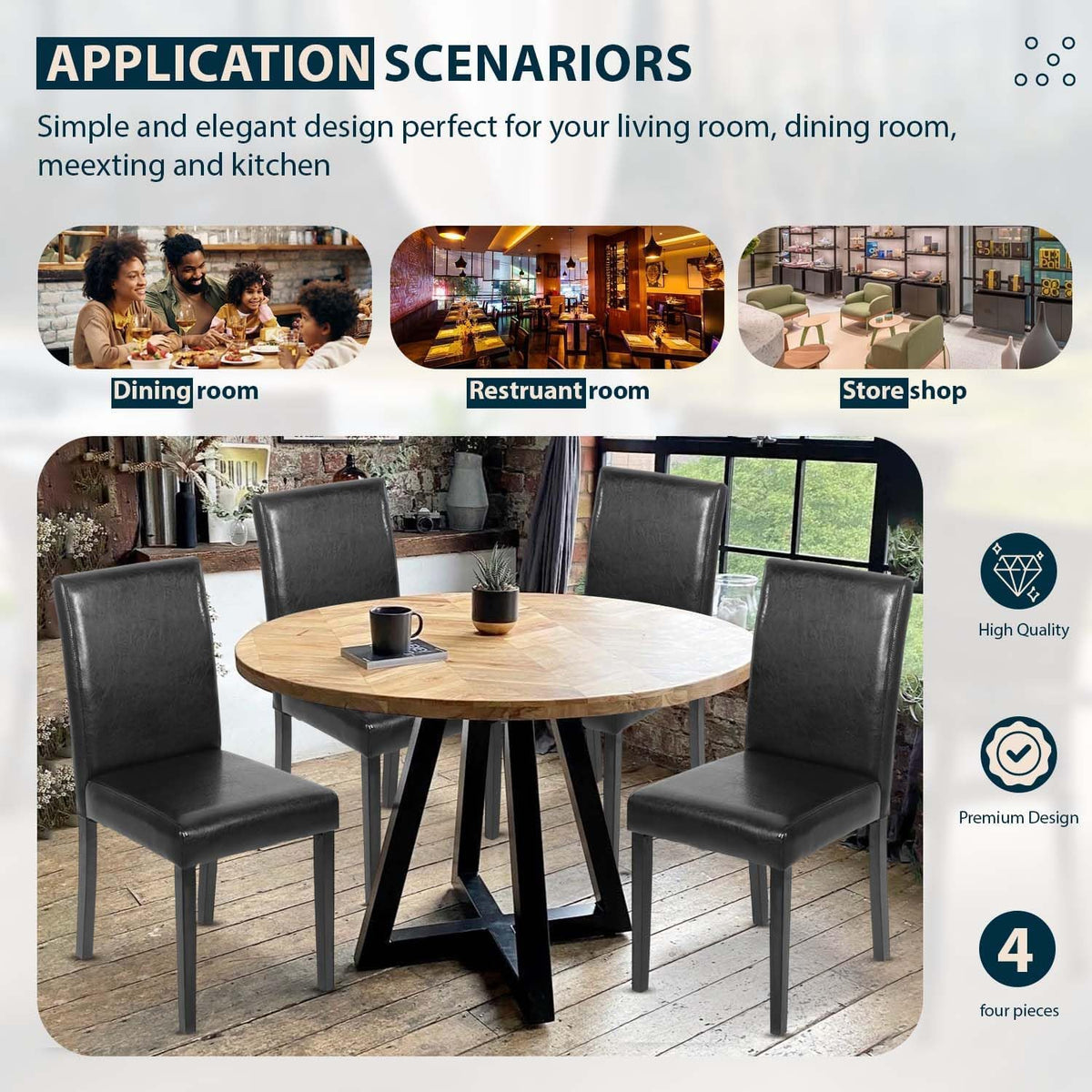 Black Set of 4 PU Leather Upholstered Dining Chairs with Solid Wood Legs T838662