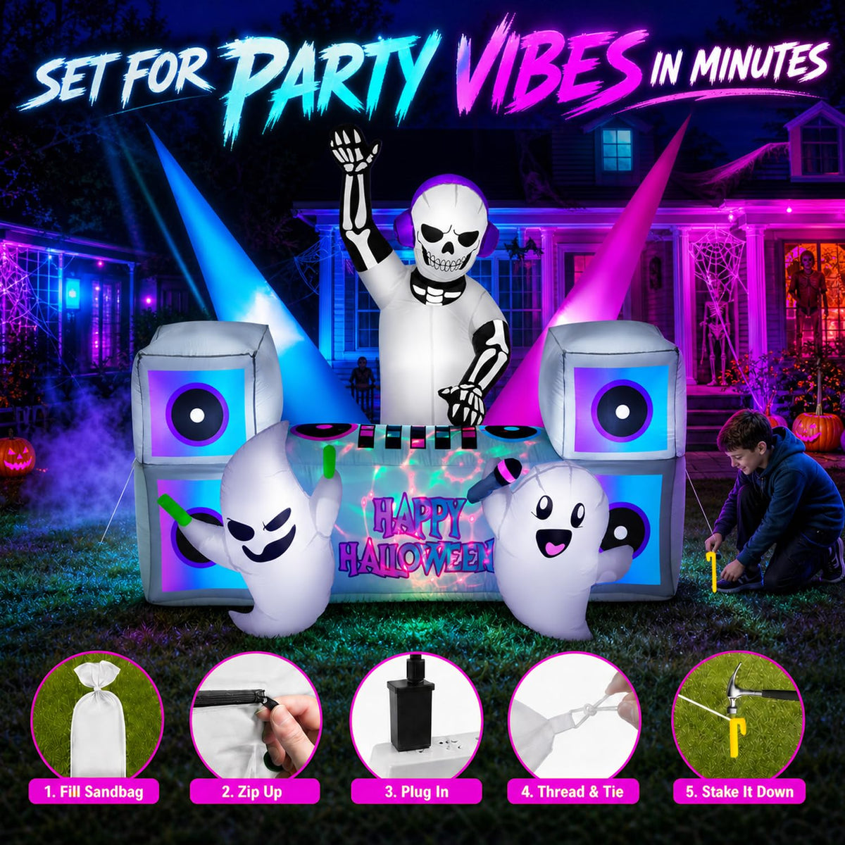 7FT Halloween Inflatable Skeleton DJ Ghosts with Multi-Color LEDs J850200