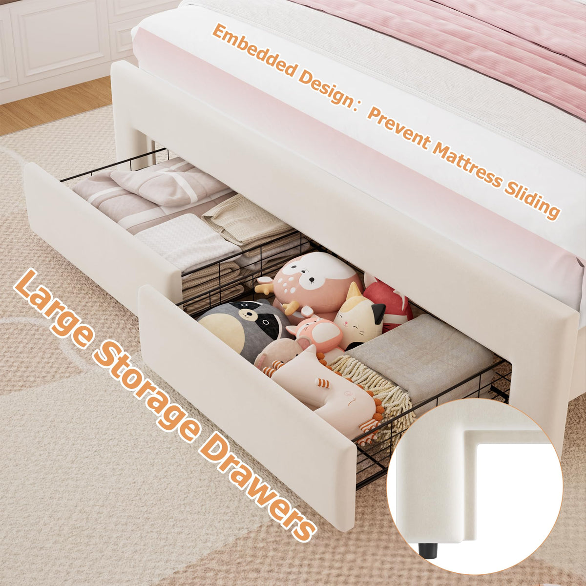 Beige Velvet Upholstered LED Bed Frame with 2 Storage Drawers M608