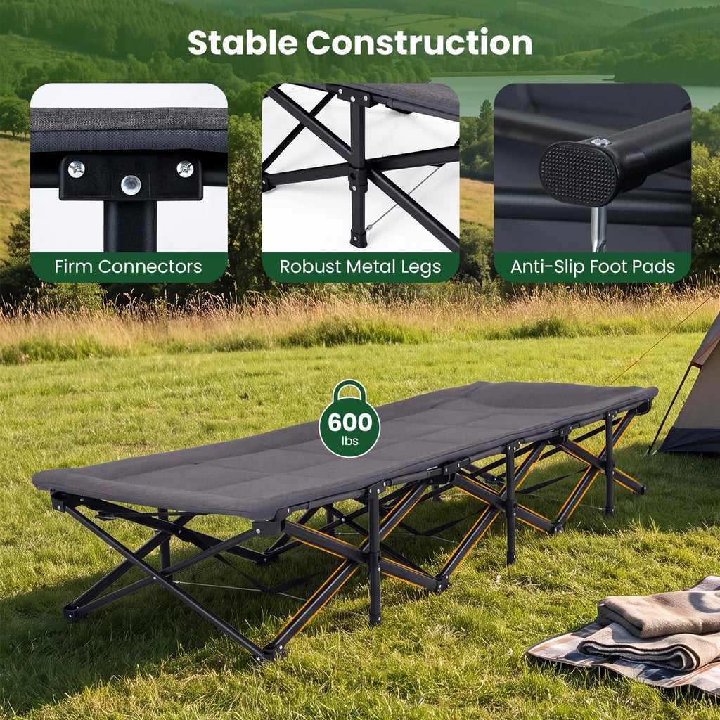 Camping Cot with Padded Pillow, Carry Bag, 600 lbs, Grey L120014