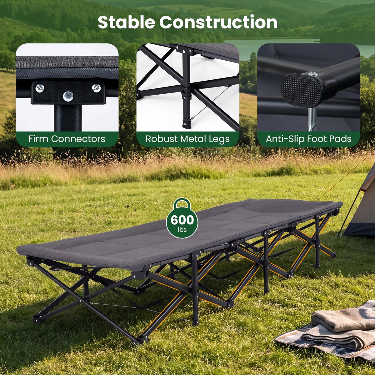 Camping Cot with Padded Pillow, Carry Bag, 600 lbs, Grey L120014