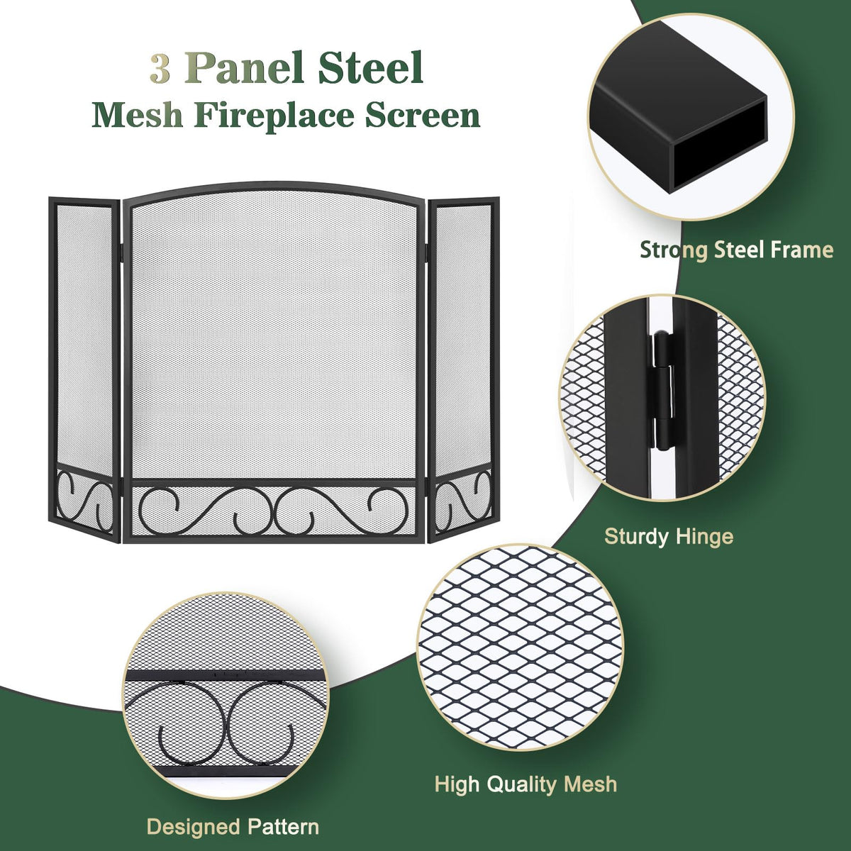 3 Panel Wrought Iron Fireplace Screen W4674