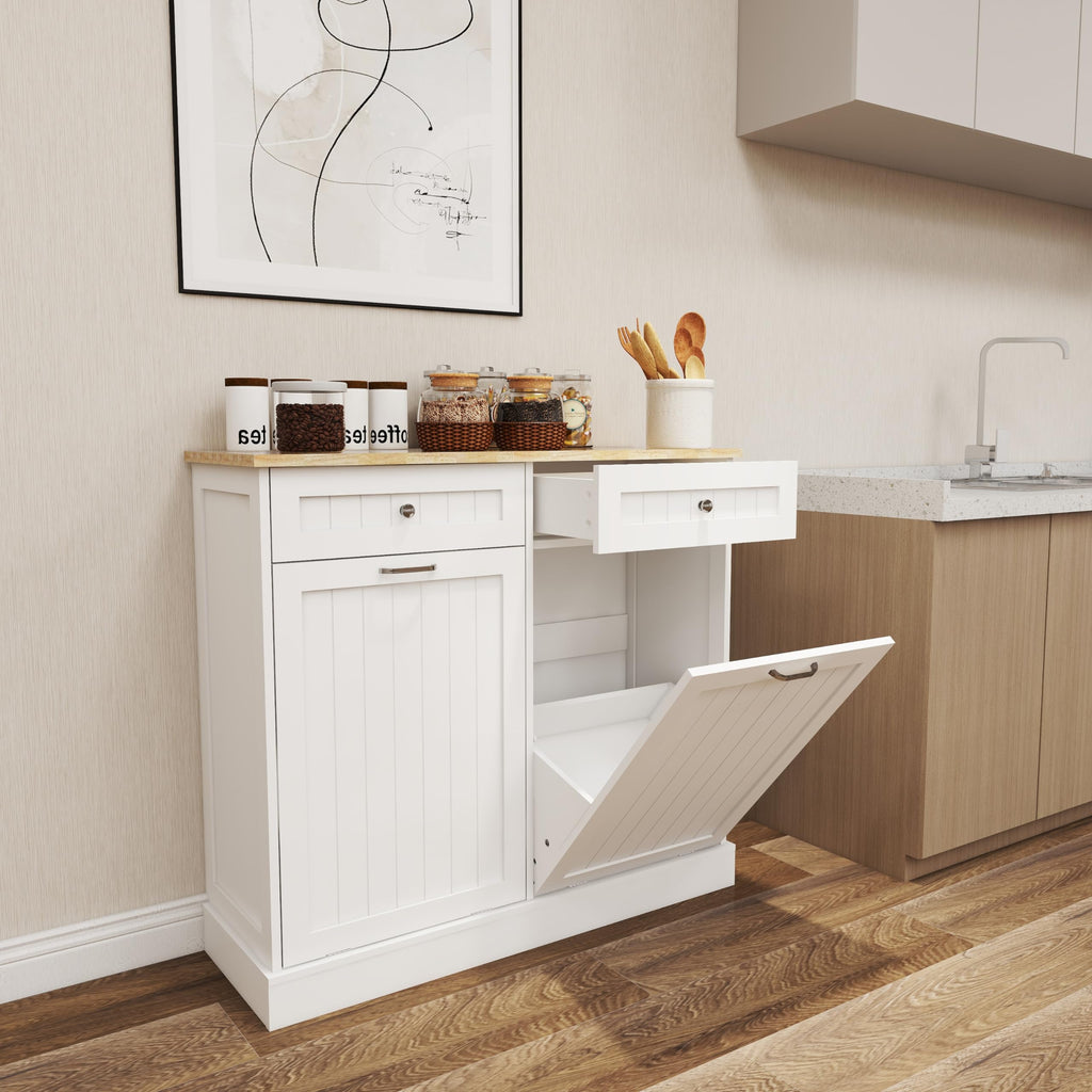 White 20 Gallon Wooden Tilt Out Trash and Recycling Cabinet B304