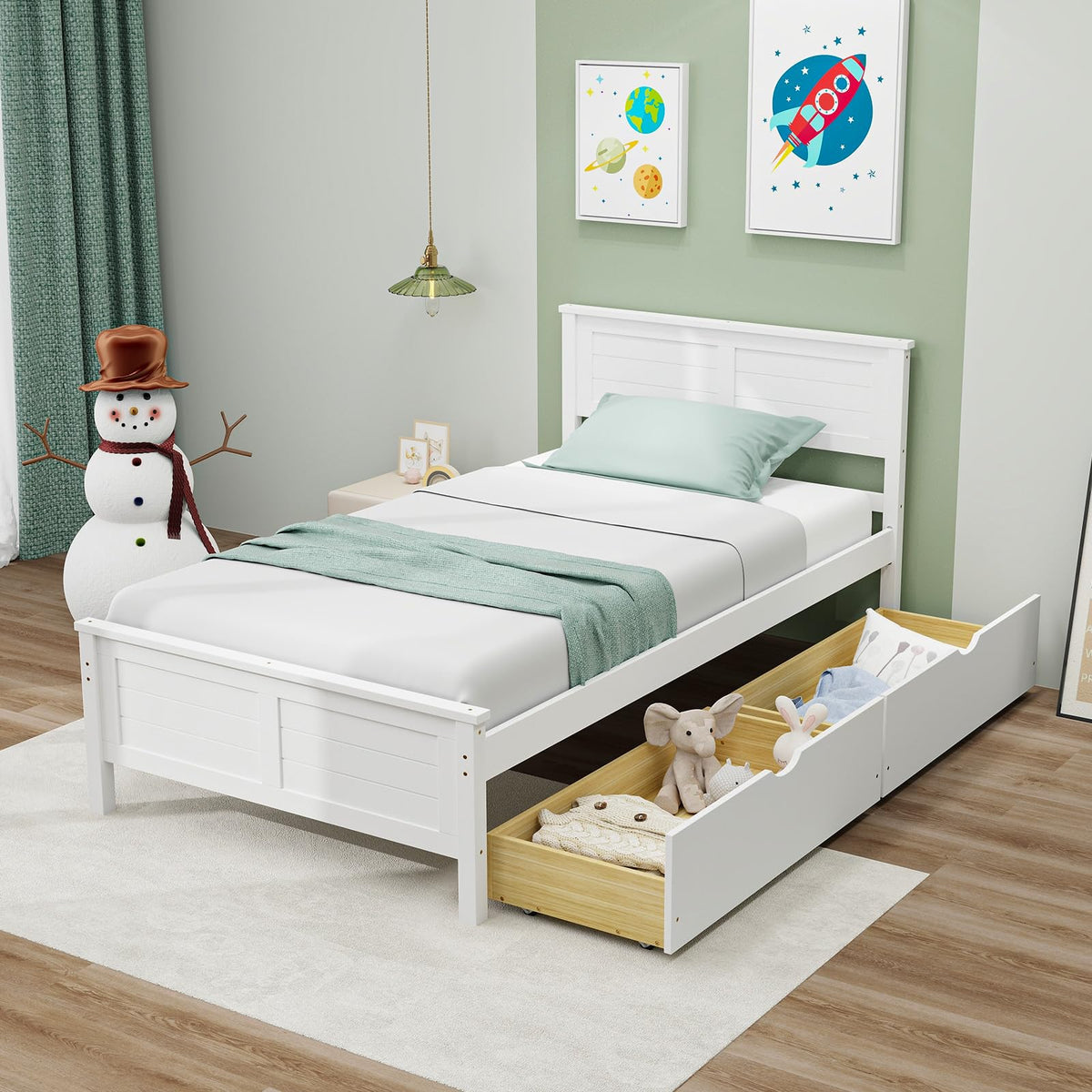 White Wood Twin Bed with 2 Storage Drawers Q782030