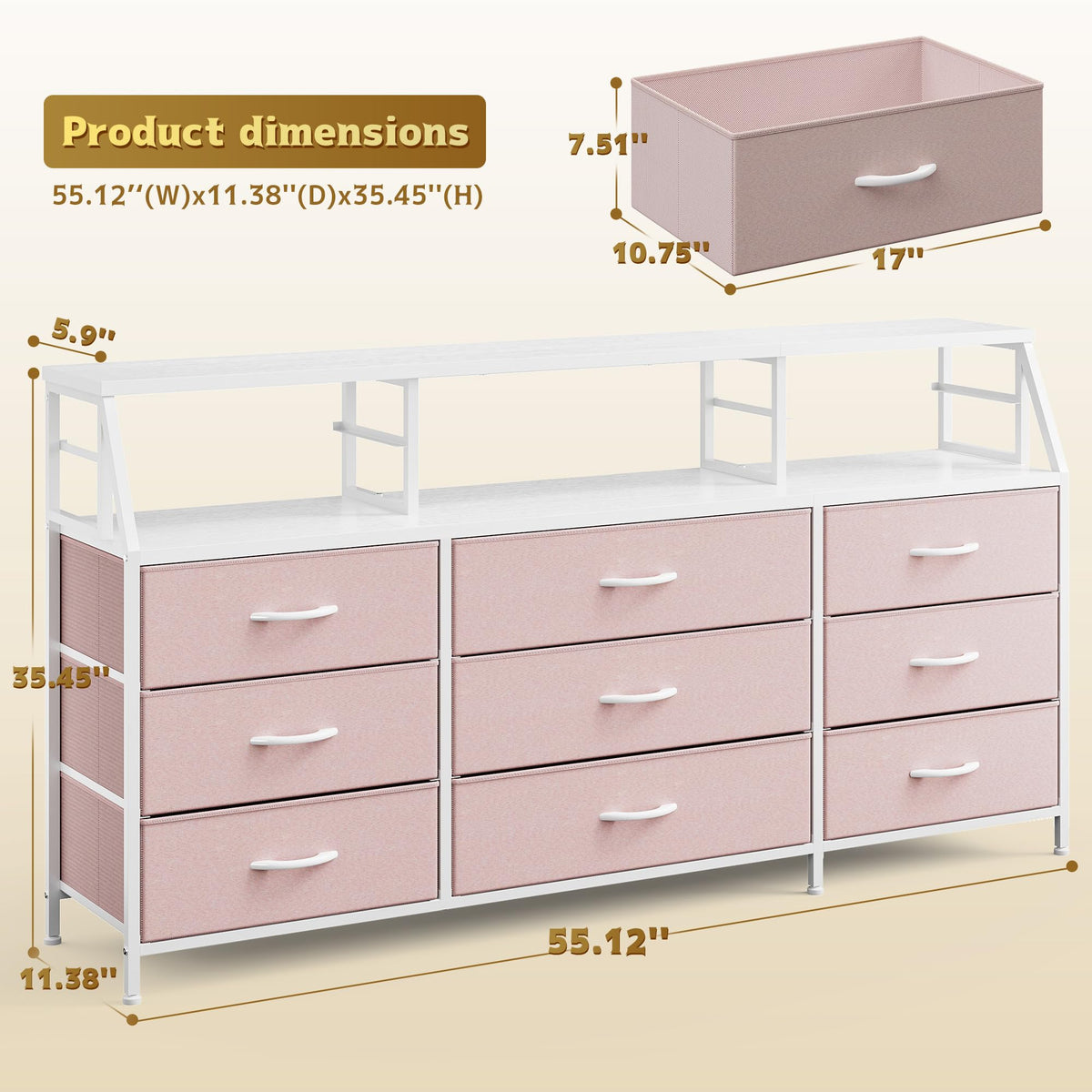 Pink 9 Fabric Drawer Dresser A854719