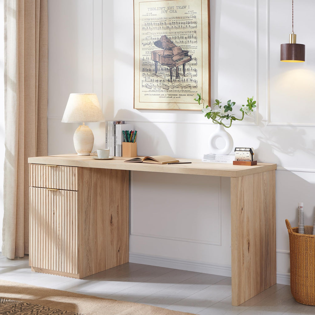 60" Fluted Desk with Cabinet and Built-in Outlet T56882