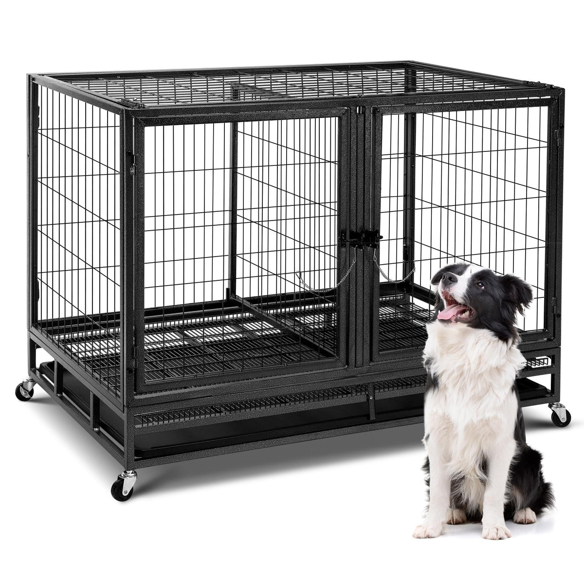48 inch Large Wire Dog Crate with Lockable Wheels W829187