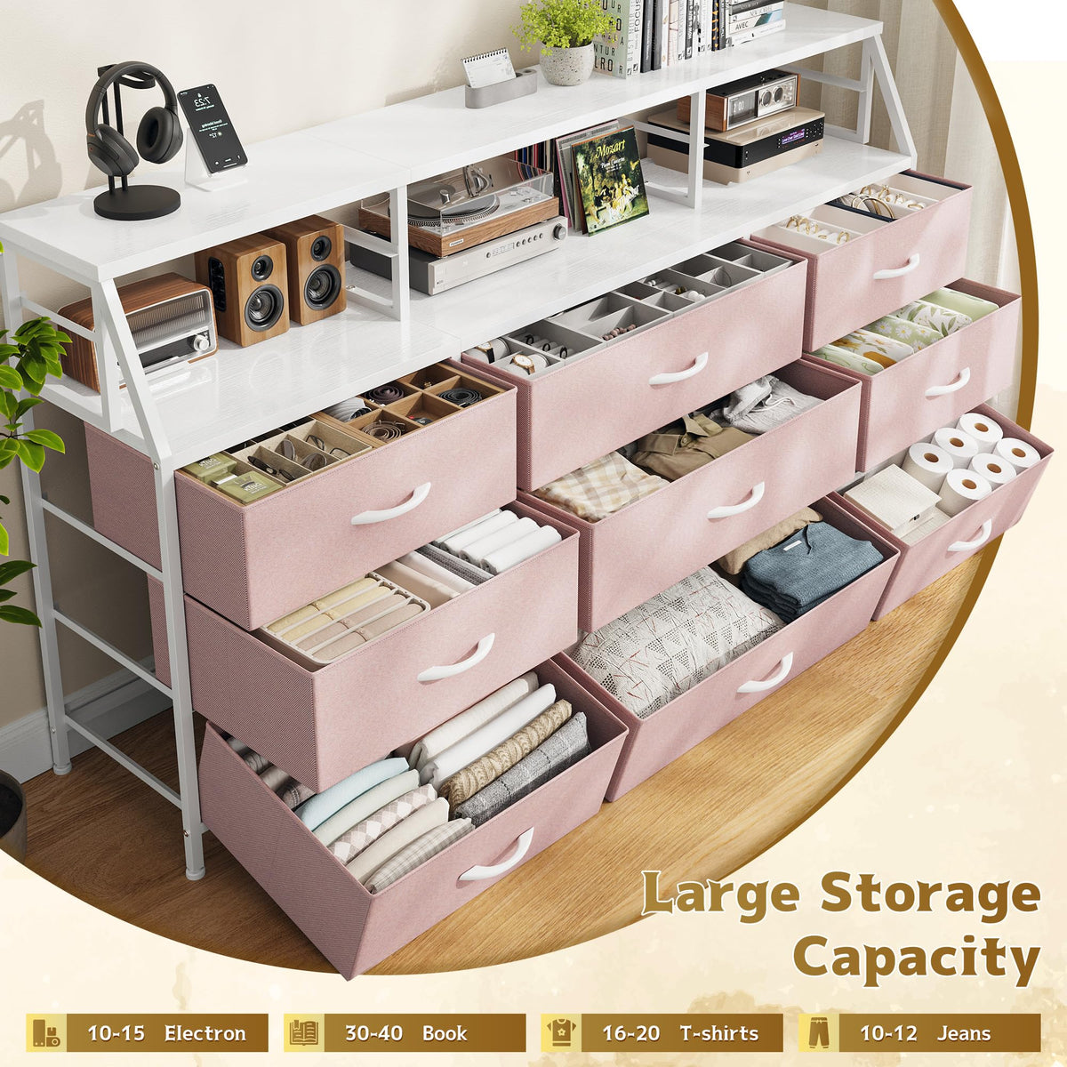 Pink 9 Fabric Drawer Dresser A854719