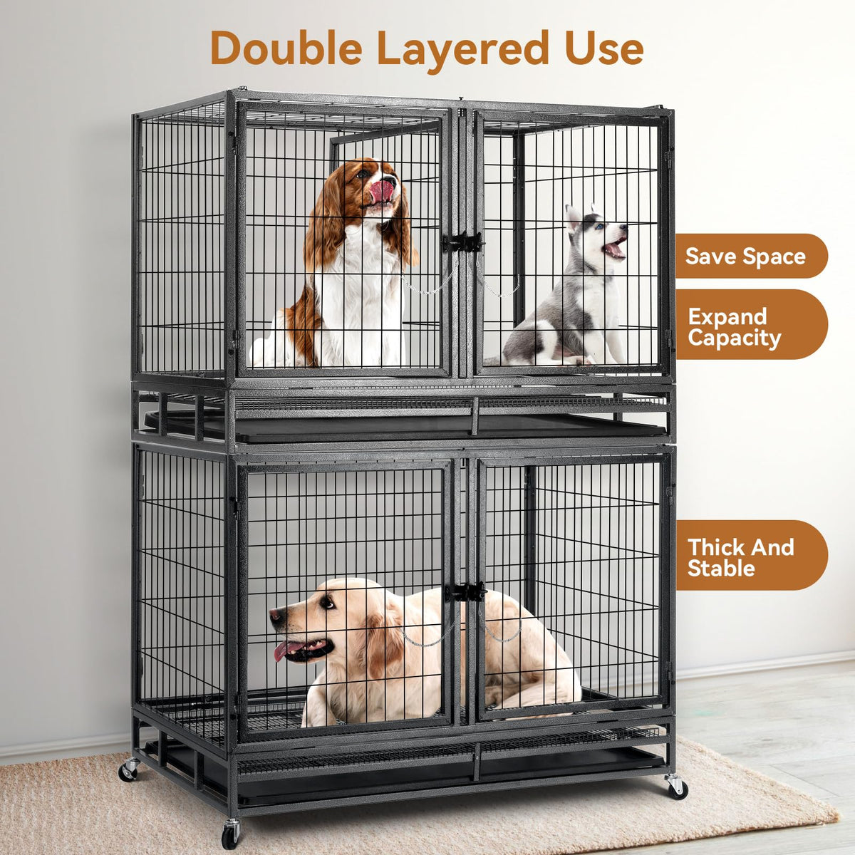 48 inch Large Wire Dog Crate with Lockable Wheels W829187