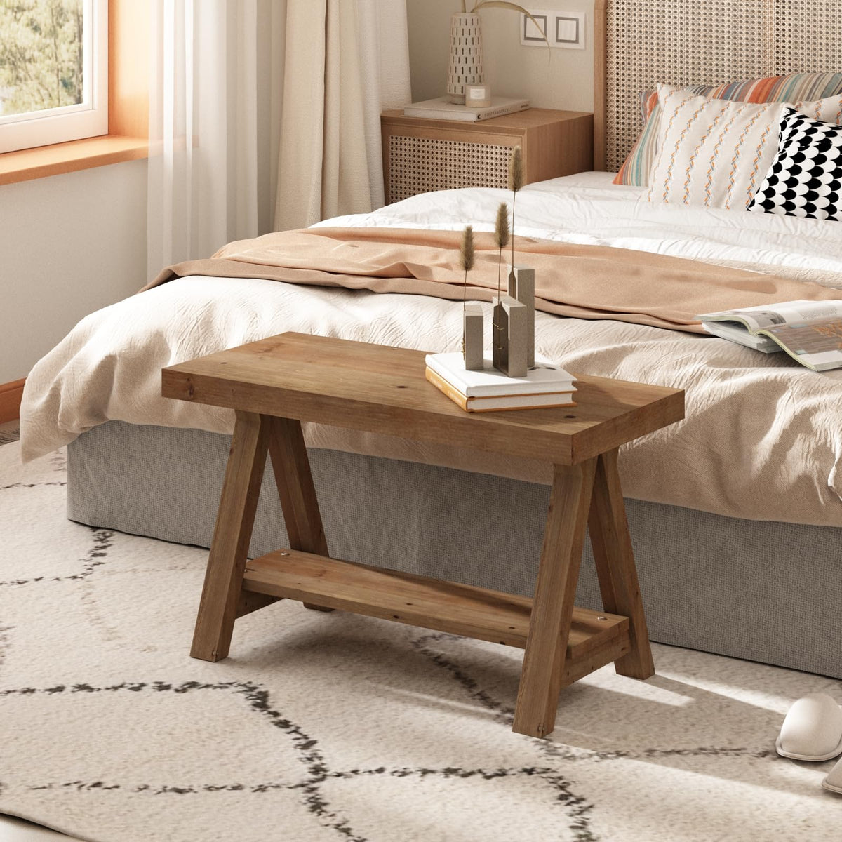 Solid Wood Bench with Shoe Storage T91008