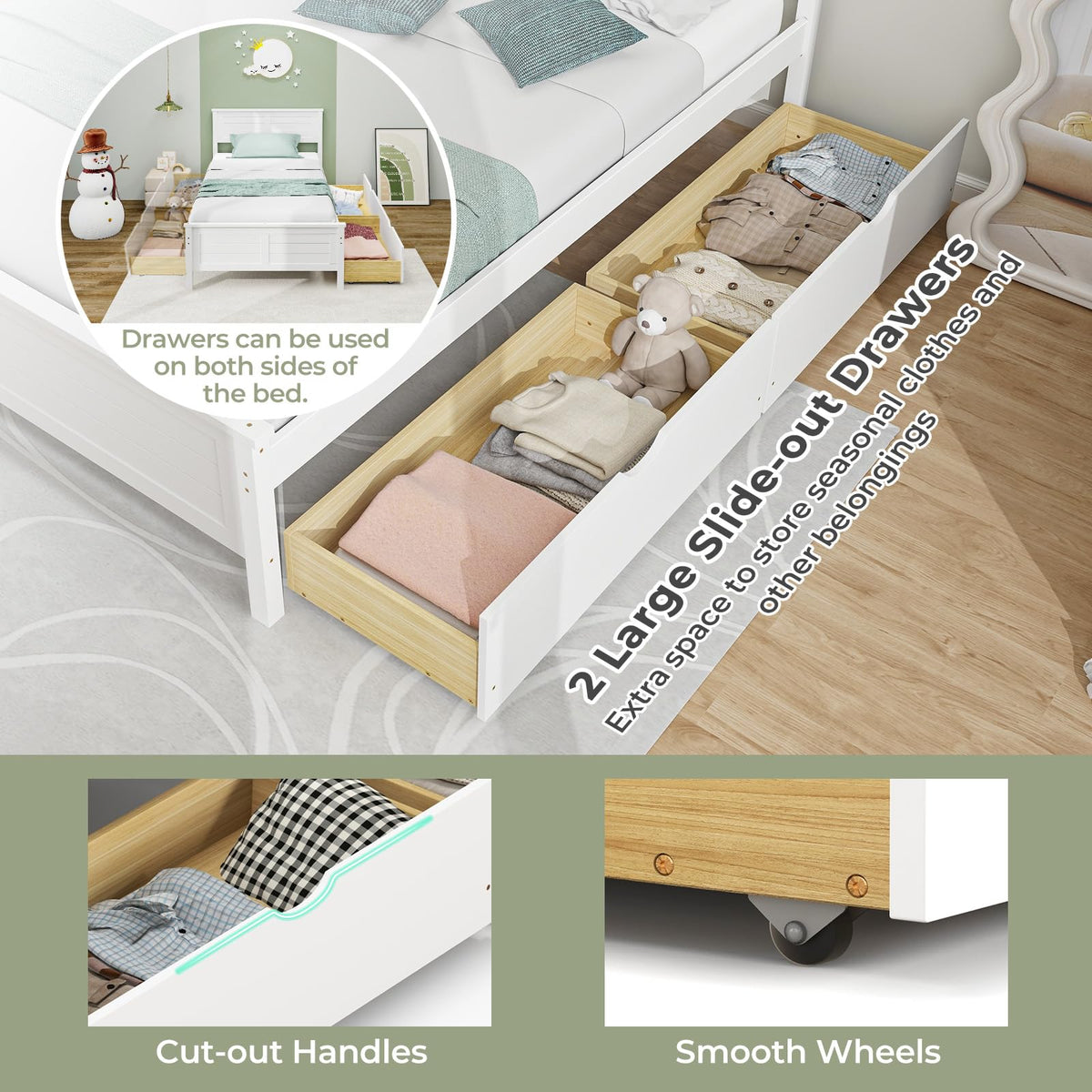 White Wood Twin Bed with 2 Storage Drawers Q782030