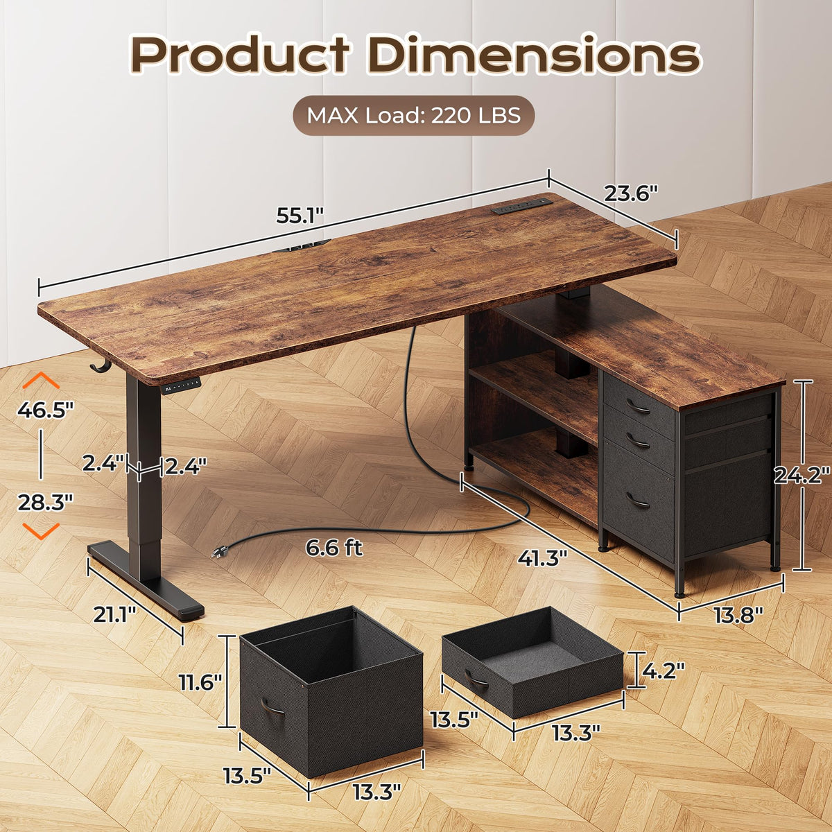 55.1'' L Standing Desk with Outlets, Cabinet, Shelves, Drawers S72045