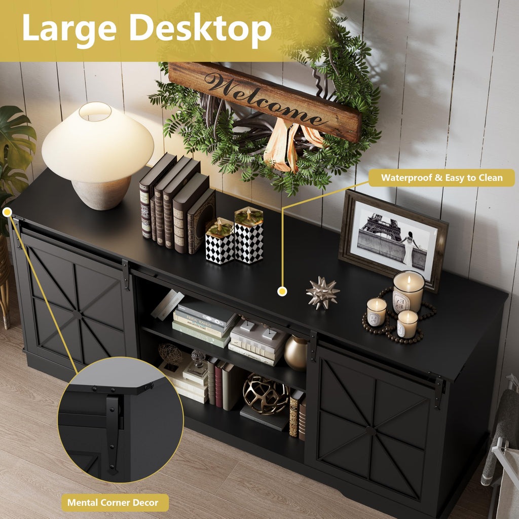 Black Farmhouse TV Stand with Storage Cabinets & Sliding Barn Doors I8036