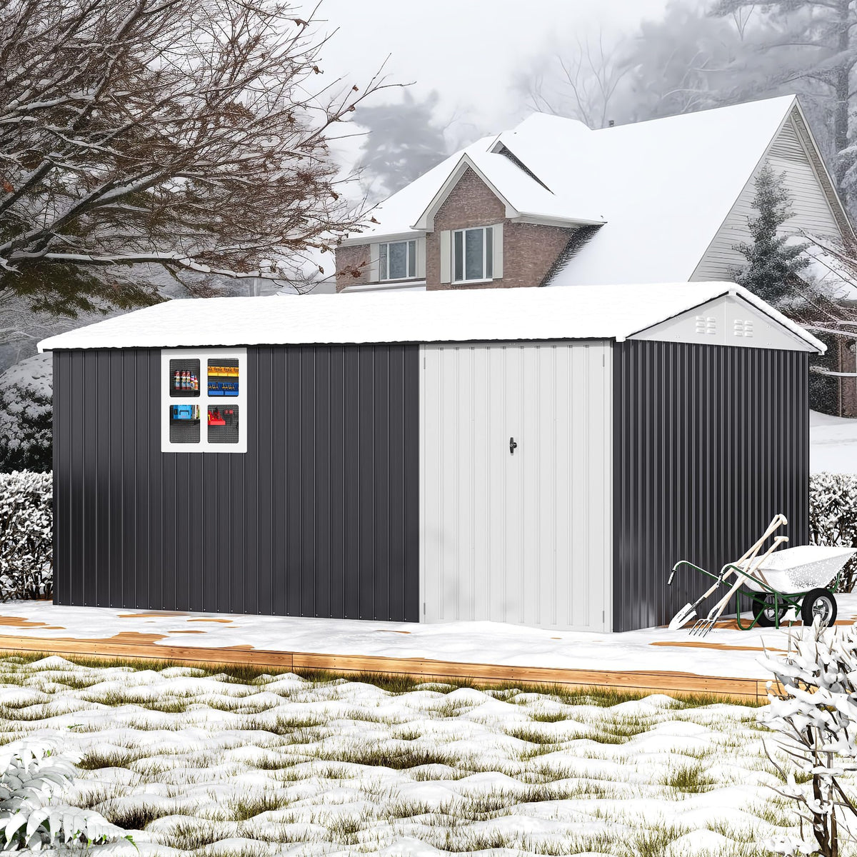 10X14 FT Metal Outdoor Storage Shed with Window, Black D6509