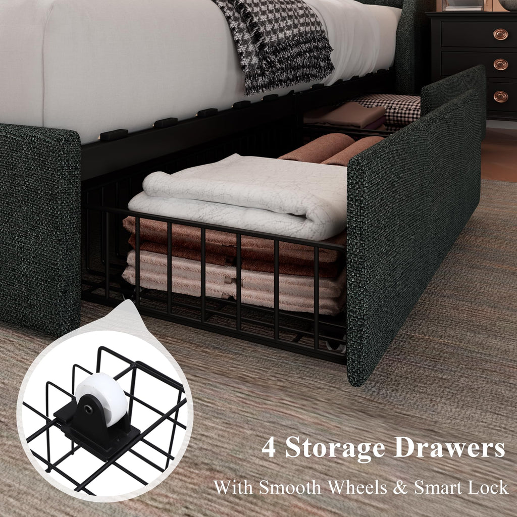 Queen Bed Frame with 4 Storage Drawers Upholstered Dark Grey X647