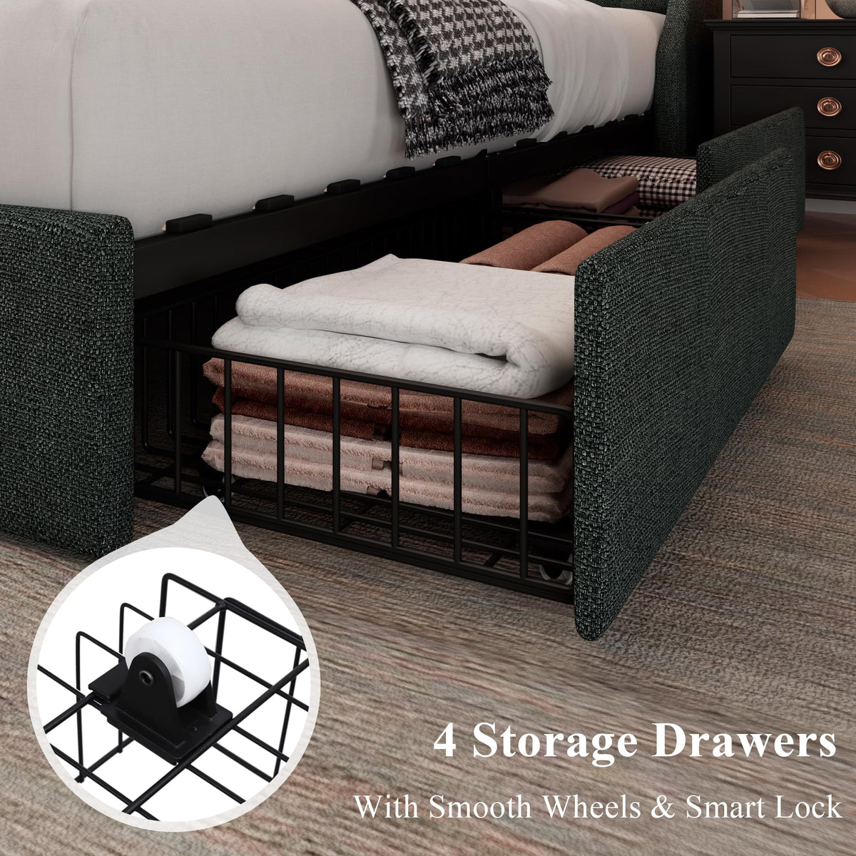 Queen Bed Frame with 4 Storage Drawers Upholstered Dark Grey X647