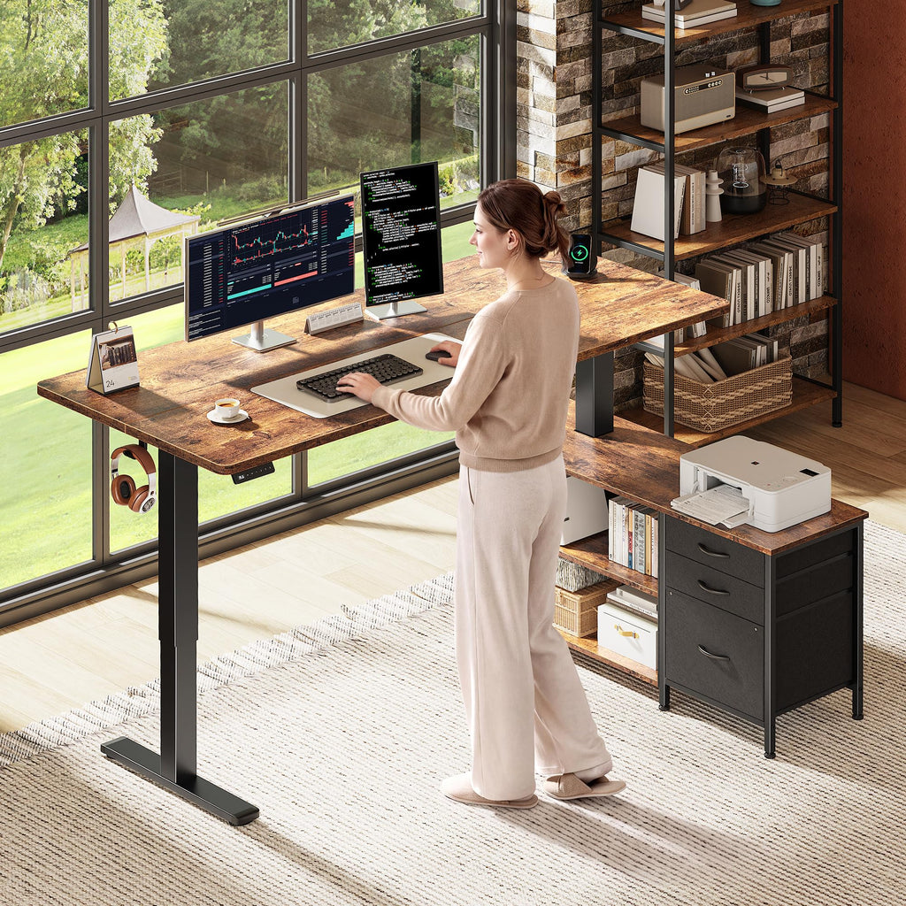 55.1'' L Standing Desk with Outlets, Cabinet, Shelves, Drawers S72045
