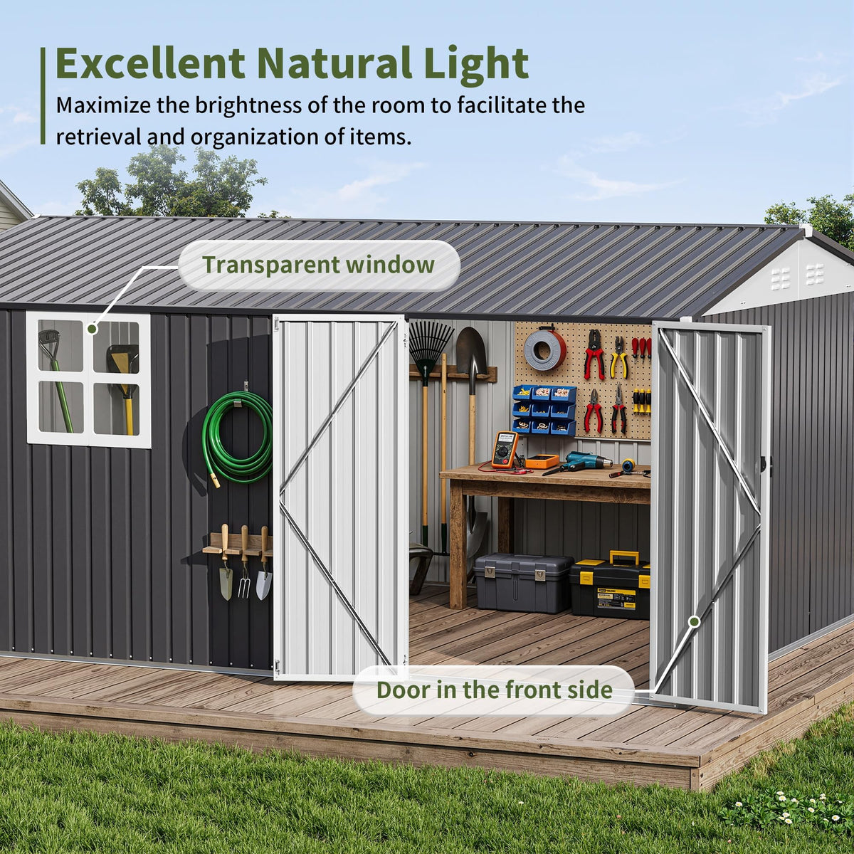 10X14 FT Metal Outdoor Storage Shed with Window, Black D6509
