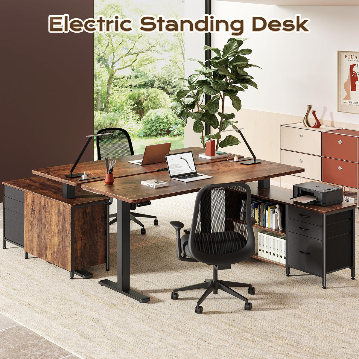 55.1'' L Standing Desk with Outlets, Cabinet, Shelves, Drawers S72045