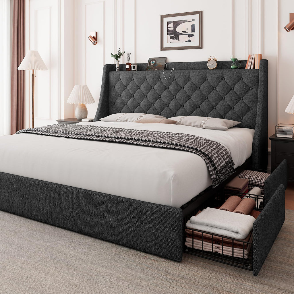 Queen Bed Frame with 4 Storage Drawers Upholstered Dark Grey X647